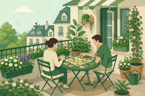 Grafik eines Paares auf dem Balkon